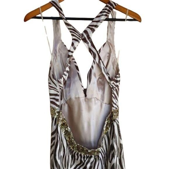 Y2K La Femme Racerback Dress 10 Formal Metallic Bronze Zebra Plunging V Strappy - Picture 9 of 11